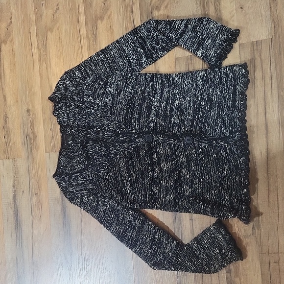 BCBGMAXAZRIA Black White Open Knit Blazer Style Button Closure Cardigan Sweater - Picture 2 of 11